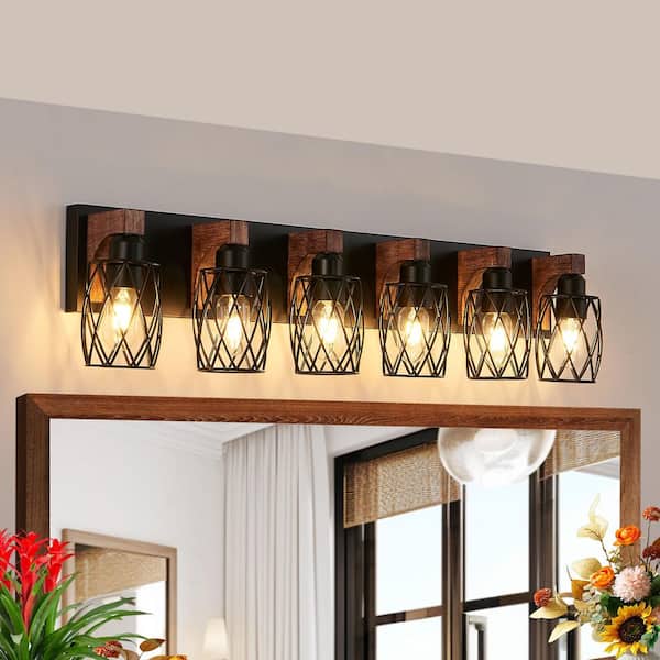 38 in. W 6 Light Bathroom Vanity Light with Metal Cage Over Mirror, Walnut Wall Sconce, E26, No Bulbs Included