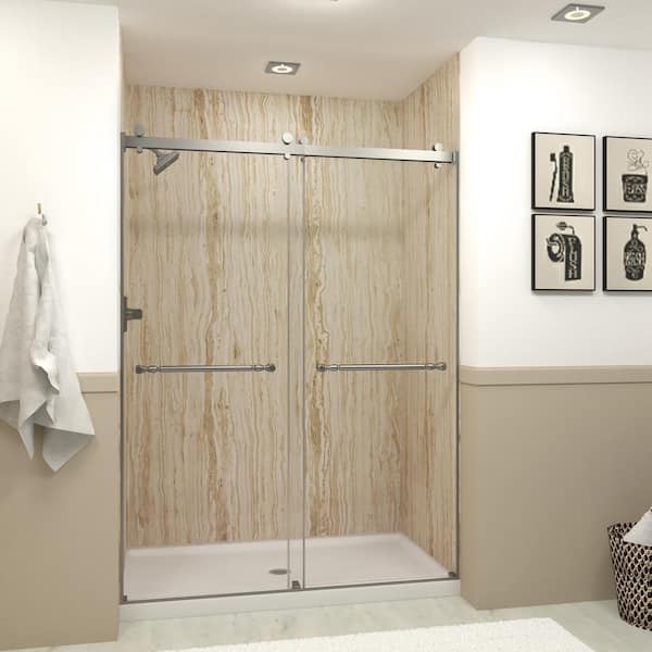 Transolid Brooklyn 60 in. W x 80 in. H Sliding Frameless Shower Door in Brushed Nickel with Low Iron Glass