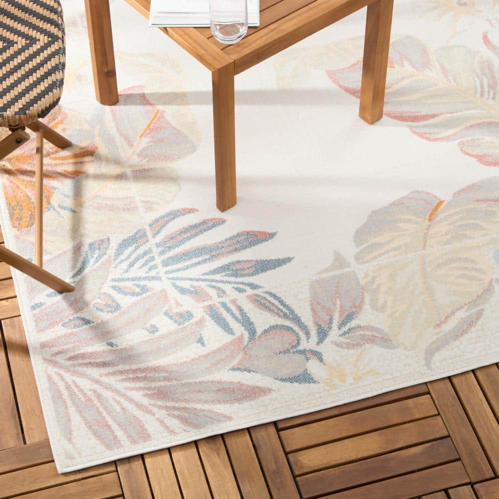 Ivory and Coral Tropical Floral Rectangular Synthetic Rug