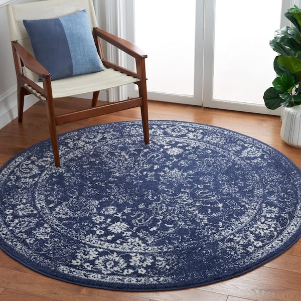 Adirondack Navy/Ivory 10 ft. x 10 ft. Border Distressed Round Area Rug