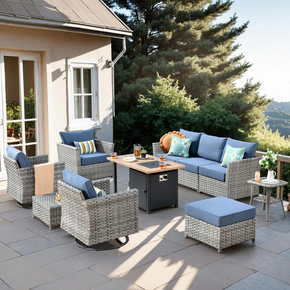 Eufaula Gray 10-Piece Wicker Outdoor Patio Conversation Sofa Set with a Storage Shelf Fire Pit and Denim Blue Cushions price history on PriceWatchPro