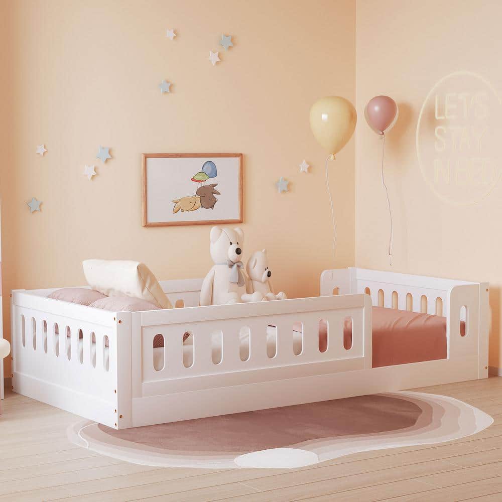 White Twin Size Solid Wood Frame Platform Bed with Guardrail