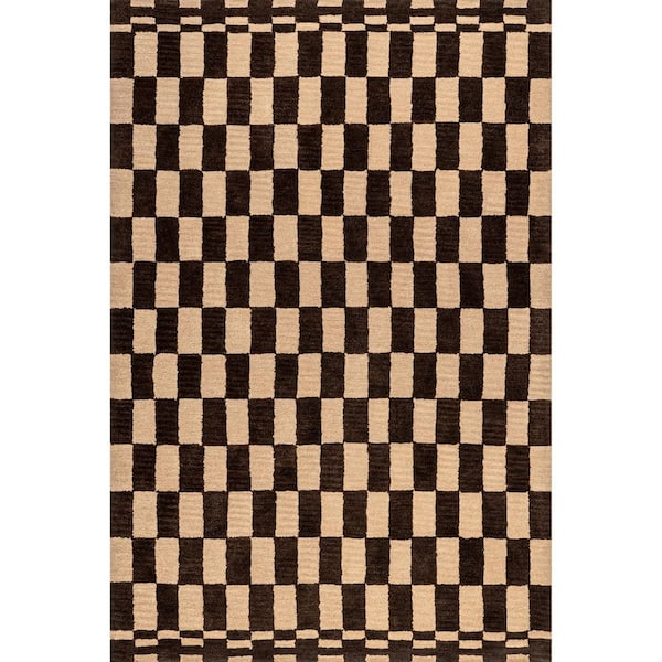 Kia Checkerboard Wool Dark Brown 4 ft. x 6 ft. Indoor/Outdoor Patio Area Rug