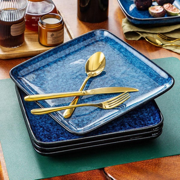 4-Piece 10.5 in. Blue Stoneware Dinner Plate Set Square Plate Set Kitchen Serving Plates