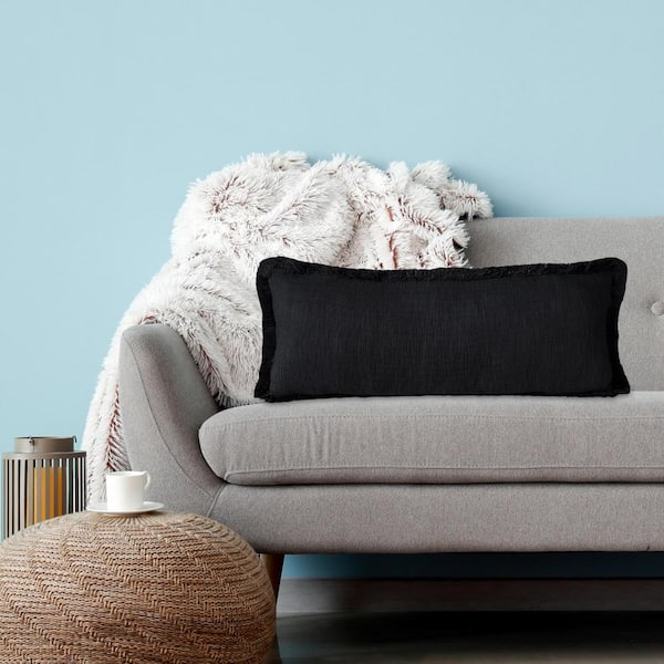 Unique Jet Black 14 in. x 36 in. Fringe Neutral Solid Cotton Lumbar Indoor Throw Pillow