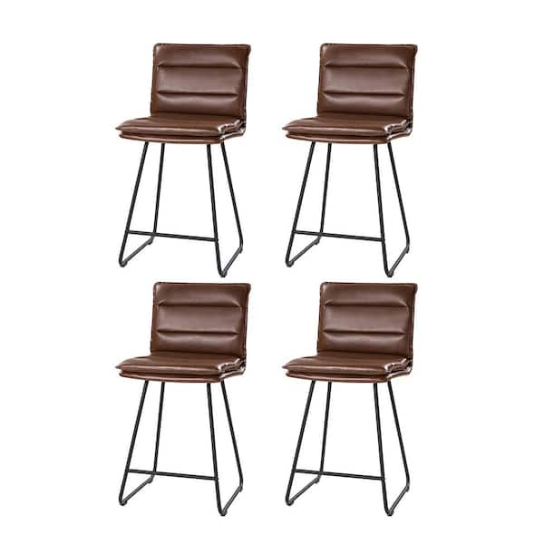 JAYDEN CREATION Gertrude Industrial Style Brown Faux Leather Bar and Counter Stool with 24 in. H Seat and Metal Base Set of 4