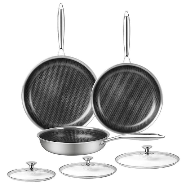 6 Piece Stainless Steel Nonstick Honeycomb Frying Pan Set with Lids, Stay Cool Handle, Induction Compatible