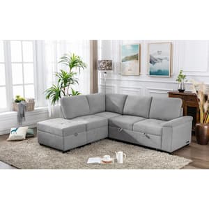 87.4 in. L-Shape Velvet Sectional Sofa in. Gray 5-Seat Sofa Bed with 2-USB, Storage Ottoman and Hidden Storage Arm