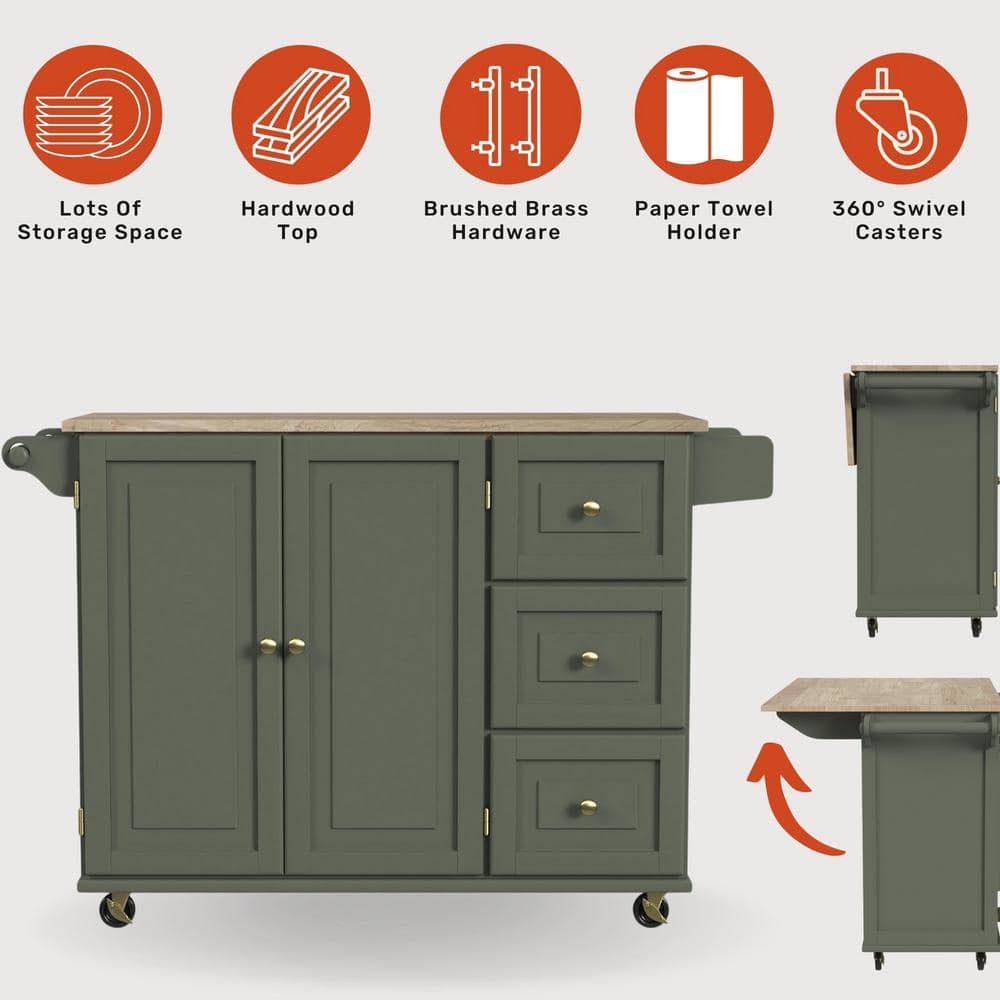 Sage Green Wood Kitchen Cart with Storage and Spice Rack
