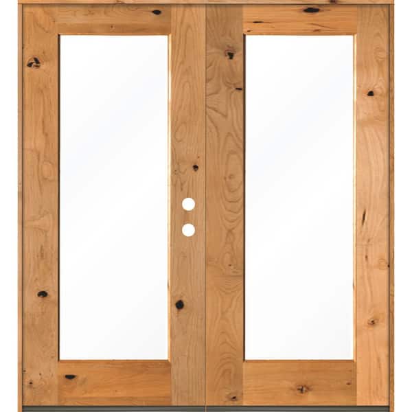 Krosswood Doors 72 in. x 80 in. Rustic Knotty Alder Clear Full-Lite Clear Stain Wood Left Active Inswing Double Prehung Front Door
