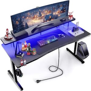 55 in. Wood Gaming Desk with Monitor Stand Black Computer Gamer Desk Ergonomic Carbon Fiber Surface Gaming Table