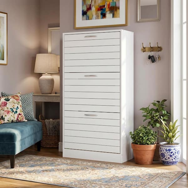 42.3 in. H x 22.4 in. W White Wooden Shoe Storage Cabinet with Silver Handles and 3-Drawers, for 18 Pairs