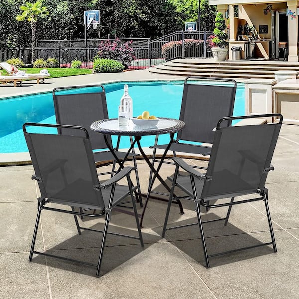 Grey Metal Folding Armrest Portable Lawn Chair (Set of 4)