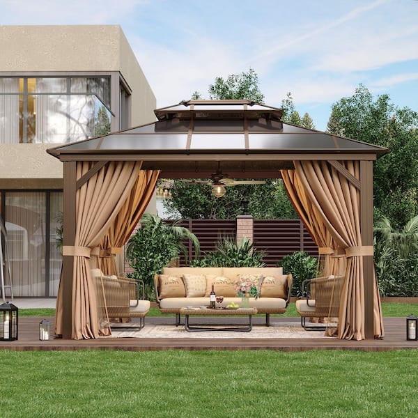 12 ft. x 10 ft. Aluminum Frame Double Polycarbonate Roof Gazebo with Hooks, Curtains, and Netting