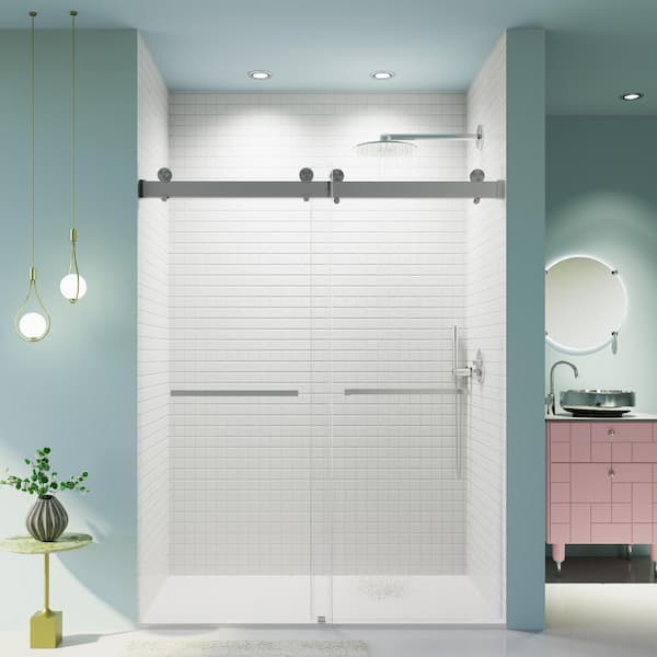 Reversible 56 to 60 in. W x 76 in. H Double Sliding Frameless Shower Door in Brushed Nickel Finish with Tempered Glass-1