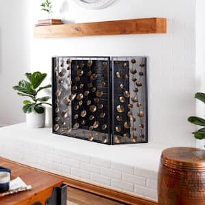 Gold Metal Floral Foldable Mesh Netting 3 Panel Fireplace Screen with 3D Floral on Vines