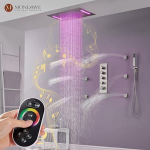 4-Spray Patterns Luxury 15x23 in. Ceiling Mount Rainfall Dual Shower Heads with 6-Jet, LED and Music in Brushed Nickel