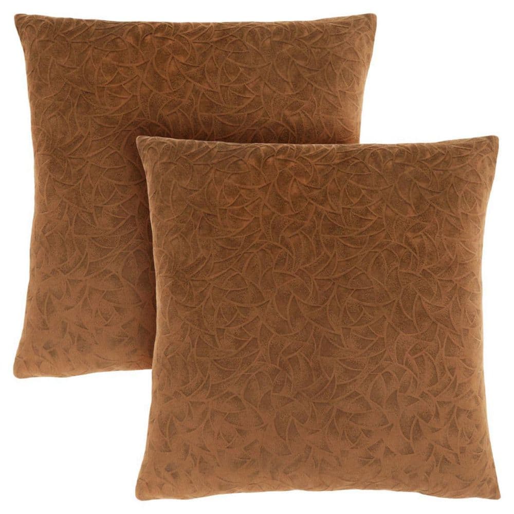 Light Brown Velvet Floral Square Accent Pillows Set