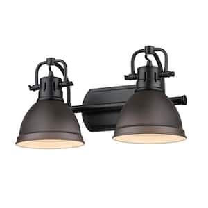 Duncan 8.5 in. 2-Light Matte Black Vanity Light with Rubbed Bronze Shades