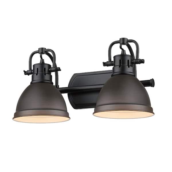 Golden Lighting Duncan 8.5 in. 2-Light Matte Black Vanity Light with Rubbed Bronze Shades