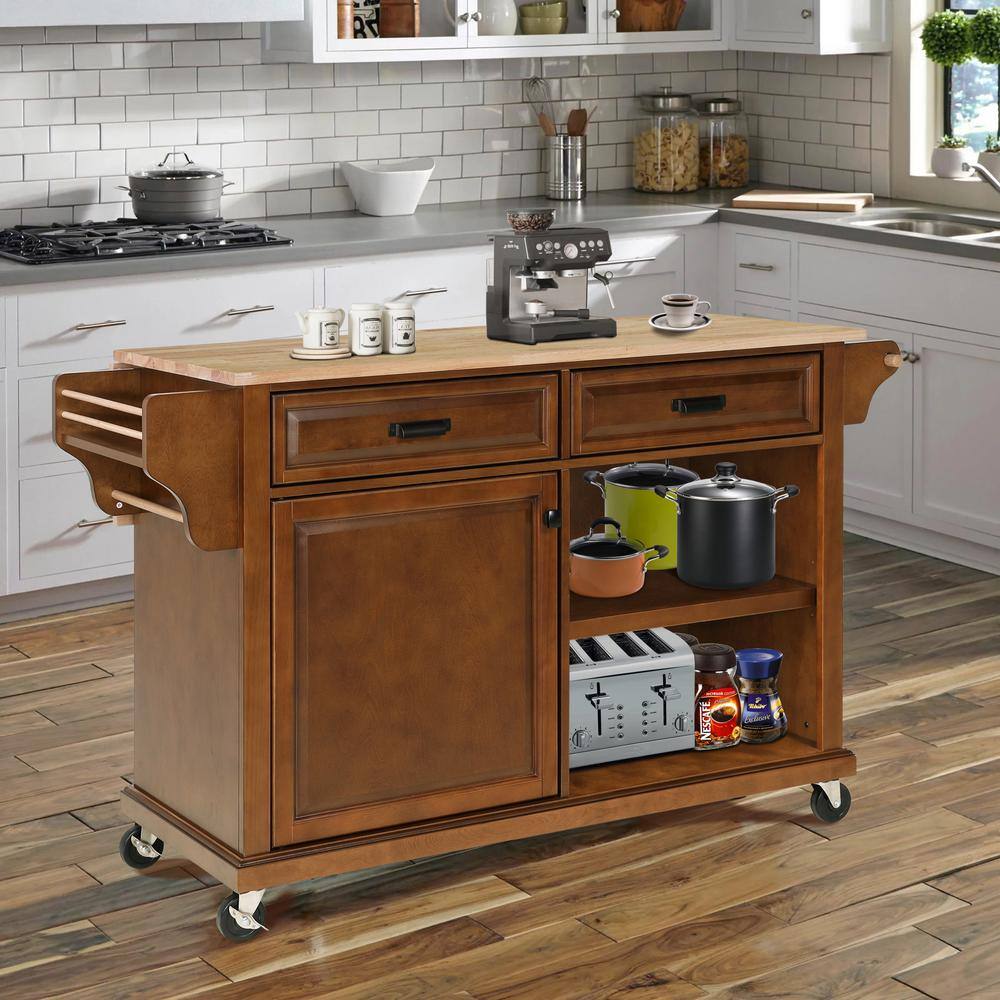 FAMYYT Rolling Brown Drop-Leaf Solid Wood Tabletop 57.5 in. Kitchen ...