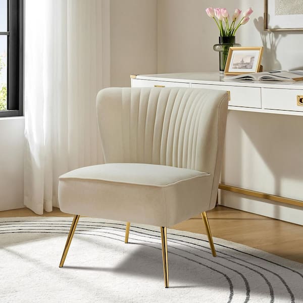 Monica Modern Tan Velvet Comfy Living Room Side Chair with Golden Metal Legs