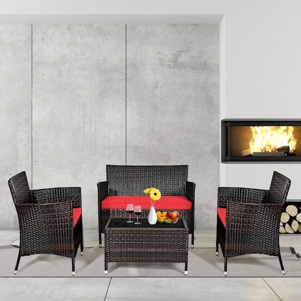 8-Piece Wicker Patio Conversation Set Outdoor Rattan Furniture Set with Red Cushions