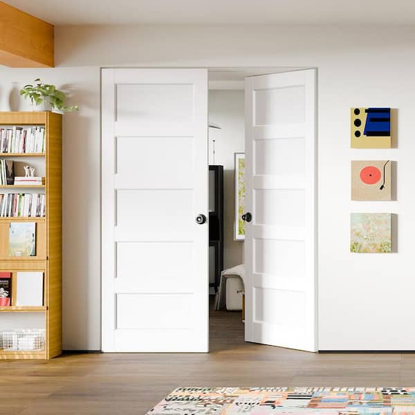 60 in. x 80 in. MDF, Composite, Pre-Assembled, Primed, White, 5-Panel Interior Door Slab With Black Goal Doorknob
