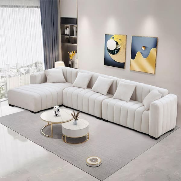 J&E Home 138.9 in. W Beige Square Arm 3-Piece Velvet L Shape 6 Seats Modular Sectional Sofa with Chaise