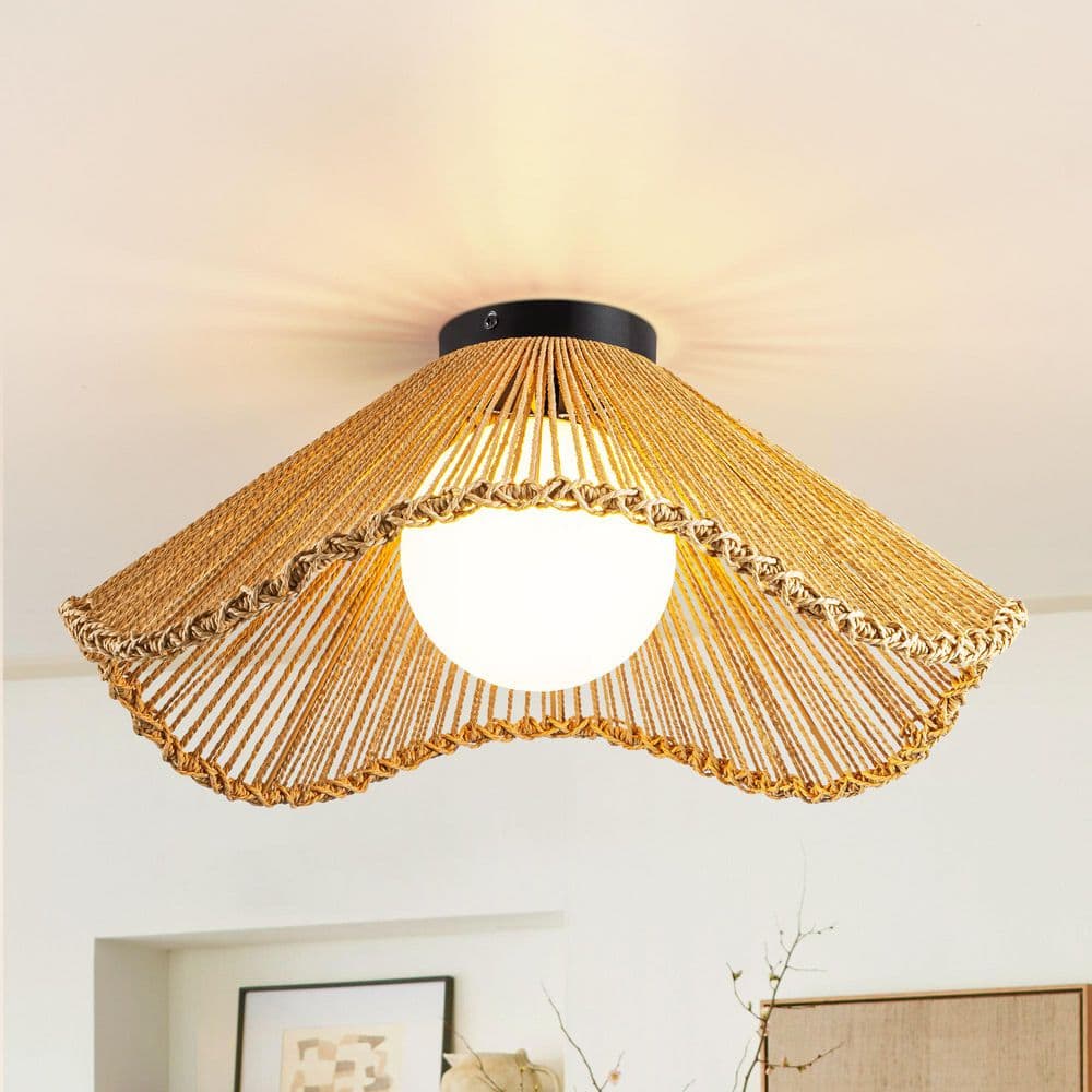 Rennnsan Osira 20 in. 1-Light Black Natural Rope Woven Farmhouse Flush ...