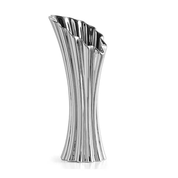 Unbranded Modern Silvery Ceramic Flower Vases for Home Decor 8.5 in., Trumpet Art Wrinkles Decorative Vase for Living Room