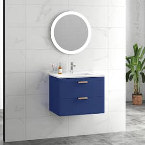 24 in. W Floating Wall Mounted Bath Vanity in Blue with White Ceramic Top and Drawer Storage