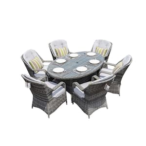 ELLE Grey 7-Piece Wicker Oval Outdoor Dining Set with Grey Cushions