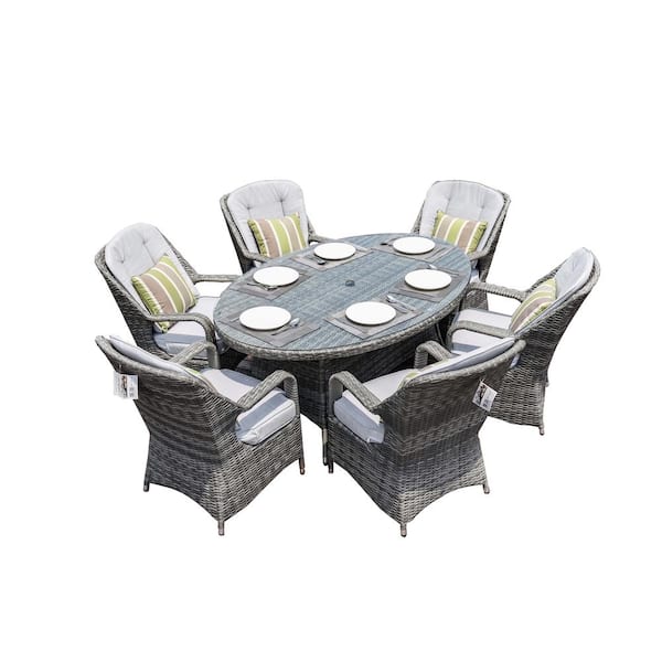 DIRECT WICKER ELLE Grey 7-Piece Wicker Oval Outdoor Dining Set with Grey Cushions