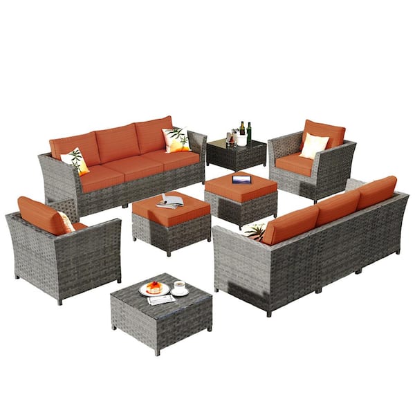 Vesta Gray 12-Piece Wicker Outdoor Patio Conversation Sectional Sofa Set with Orange Red Cushions