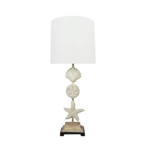 32 in. Antique Ivory Metal and Resin Table Lamp with Drum Shaped Lamp Shade in White