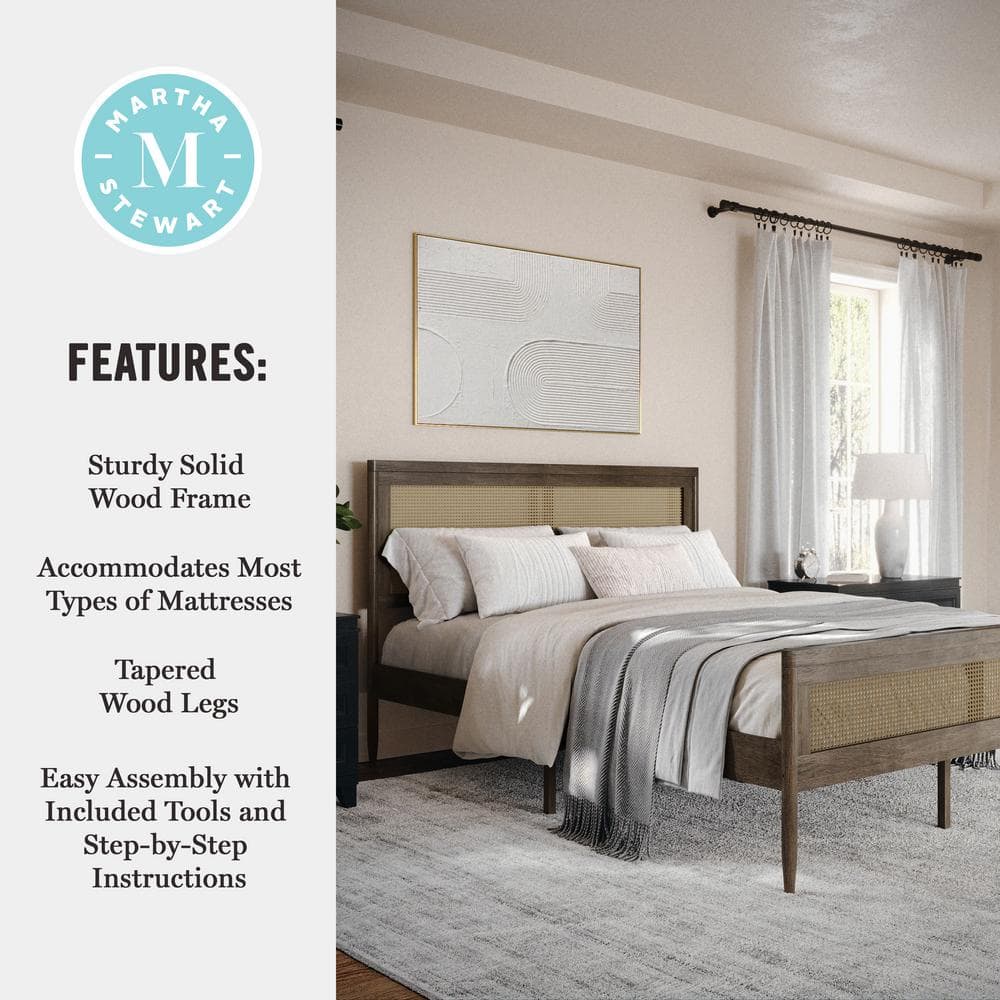 Brown Gray Queen Wood Platform Bed with Rattan Headboard and Footboard