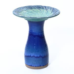 20 in. H Blue Glazed Spiral Ceramic Birdbath
