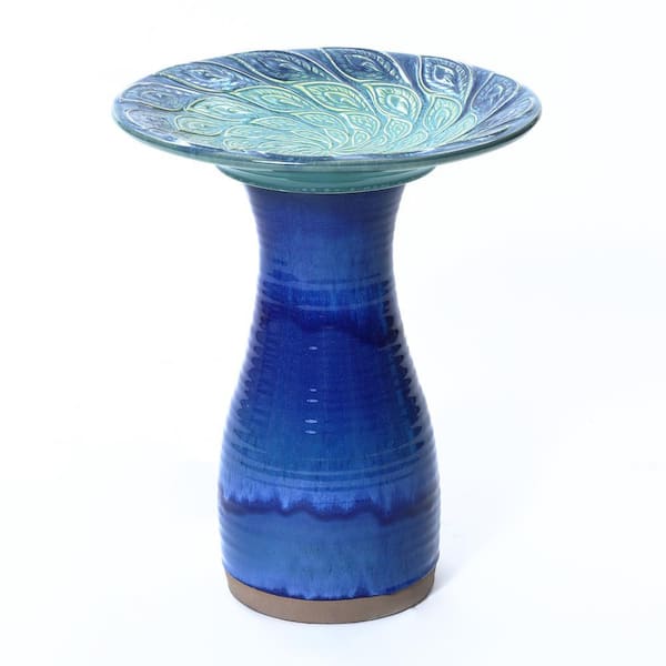 LuxenHome 20 in. H Blue Glazed Spiral Ceramic Birdbath