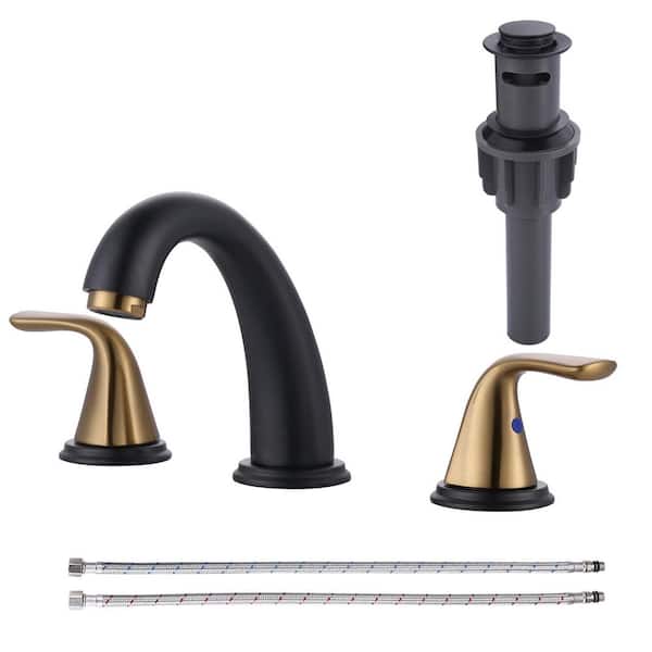 VEVETTA 3-Holes 8 in. Widespread Double Handle Bathroom Faucet in Black and Gold