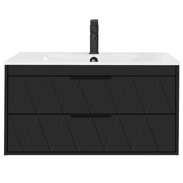 36 in. W x 18.1 in. D x 18.1 in. H Single Sink Floating Black Bath Vanity with White Integrated Composite Resin Top