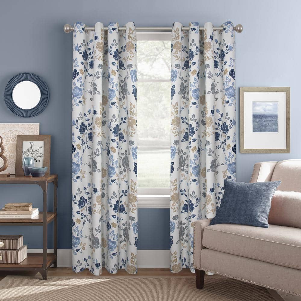 Gray Blue Floral Curtains Living Room Darkening Drapes 2 Panels – Anady Top