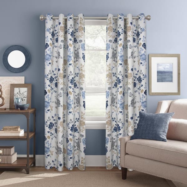 Colordrift Indigo Floral Polyester 52 in. W x 84 in. L Grommet Room Darkening Curtain Panel