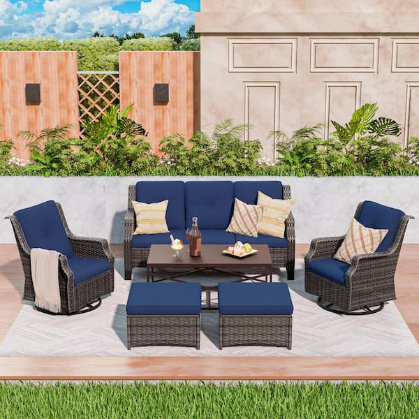 6-Piece Patio Furniture Swivel Chairs Outdoor Wicker Patio Conversation Set with Blue Cushions