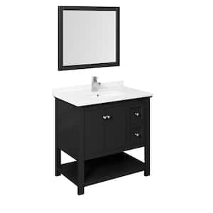 Manchester 36 in. W Bathroom Vanity in Black with Quartz Stone Vanity Top in White with White Basin and Mirror