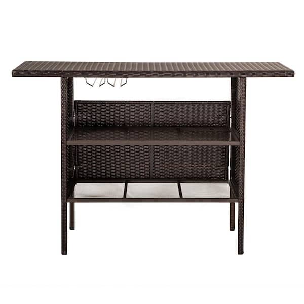 JUSKYS Brown Wicker Outdoor Bar Table Serving Cart Rattan Bar Cart with Wine Glass Holder for Pool, Party, Backyard, Porch