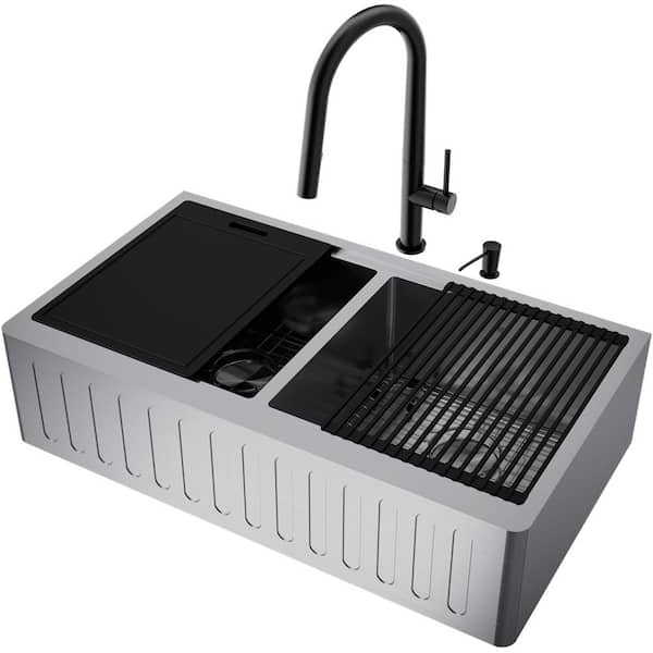 VIGO Oxford 36" Double Bowl Workstation Undermount Stainless Steel Farmhouse Sink with Ledge and Faucet with Accessories