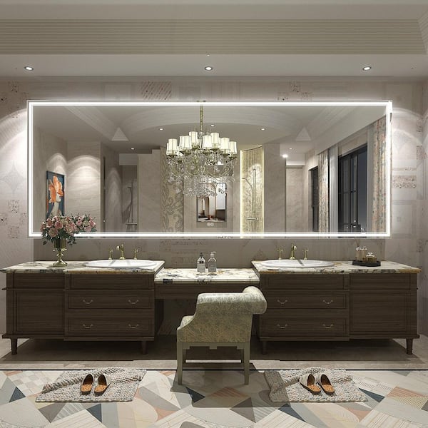 96 in. W x 36 in. H Rectangular Frameless 192 LEDs/m Front Lighted Anti-Fog Tempered Glass Wall Bathroom Vanity Mirror