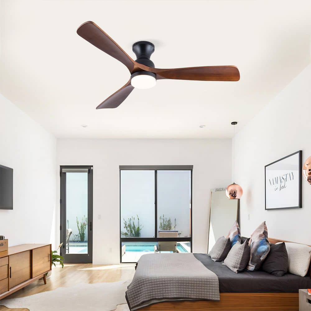 52 in. Dark Walnut Standard Ceiling Fan with LED Light, Solid Paulownia Wood Blades, Flush Mount, 3-Color Light price history on PriceWatchPro