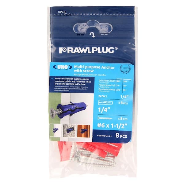 Uno Multi-Purpose Drywall Anchors 1/4 with Screws #6 x 1-1/2 19 lbs. (Pack of 8)